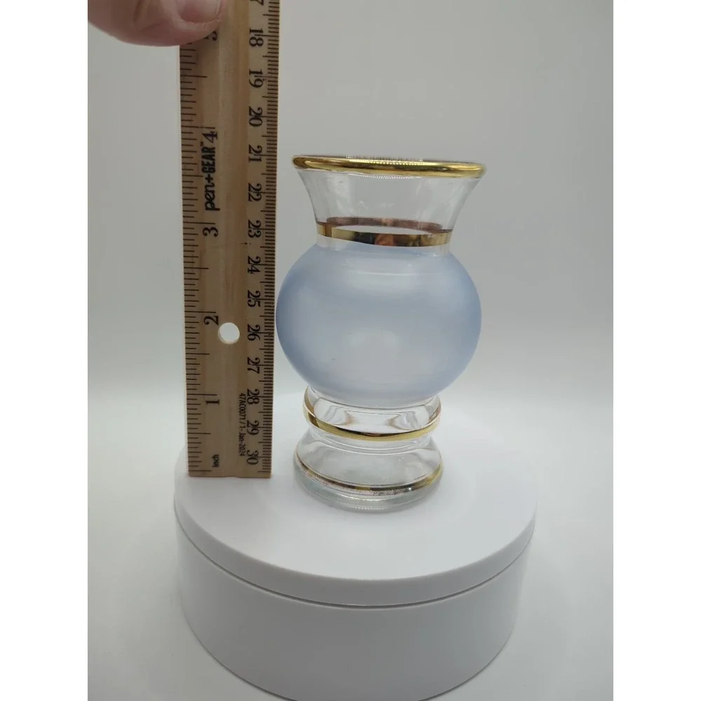 Vintage Bartlett Collins Frosted Mini Bud Vase Pale Blue Gold Accent 4in MCM
